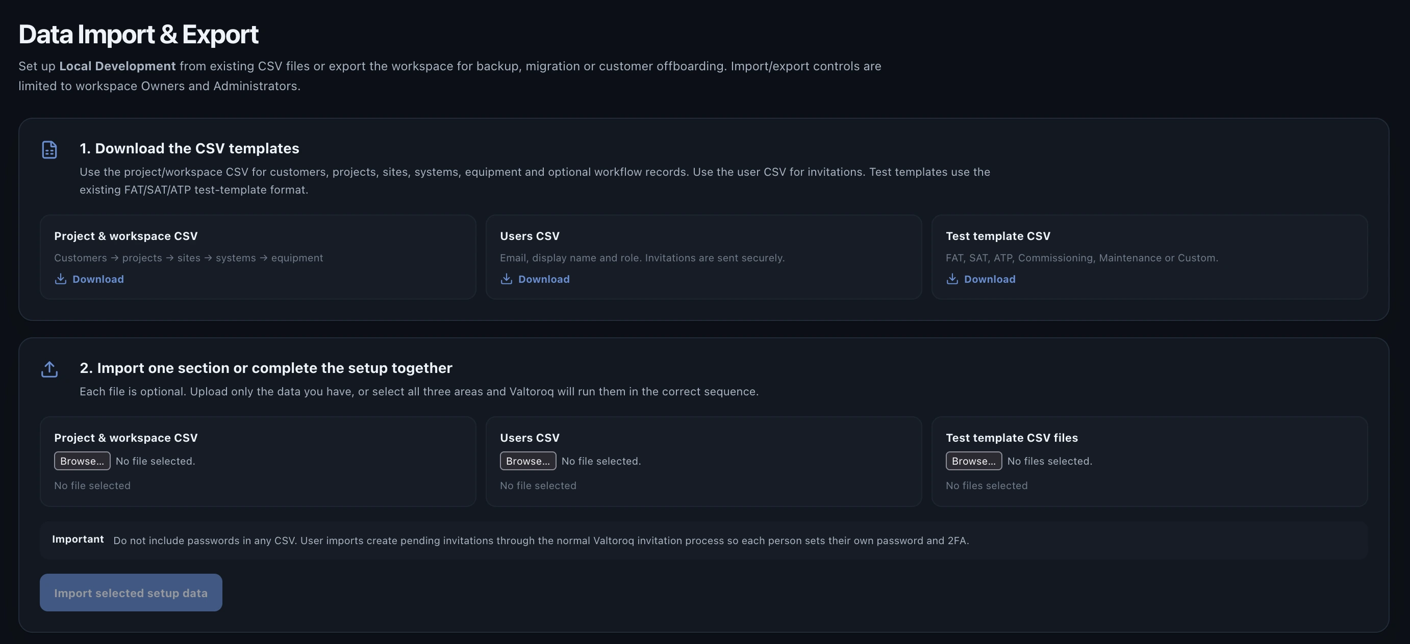 Valtoroq Data Import and Export page with CSV setup templates