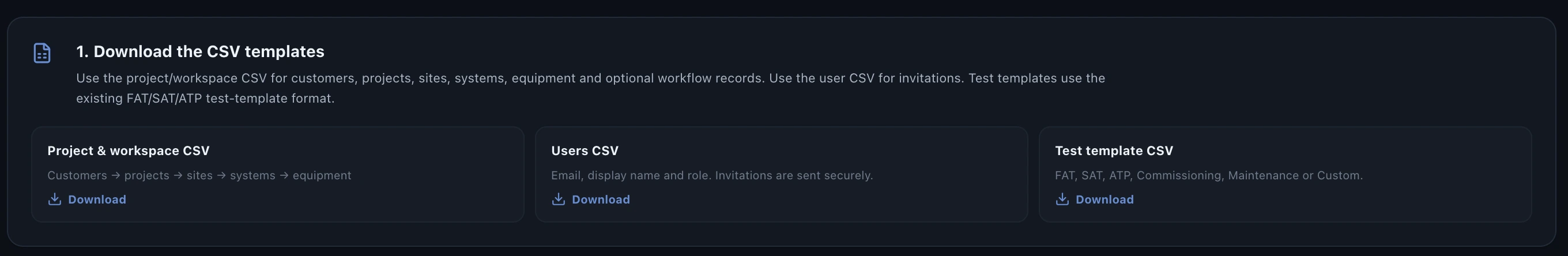 Valtoroq CSV download options for workspace users and test templates
