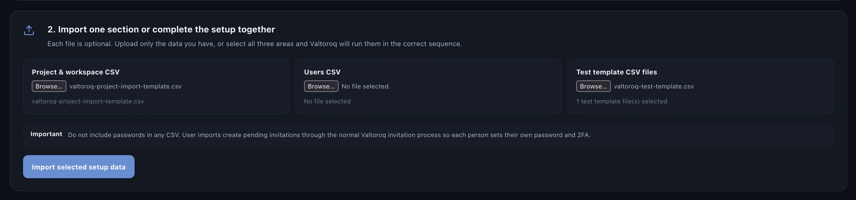 Valtoroq setup import area with multiple CSV files selected for import