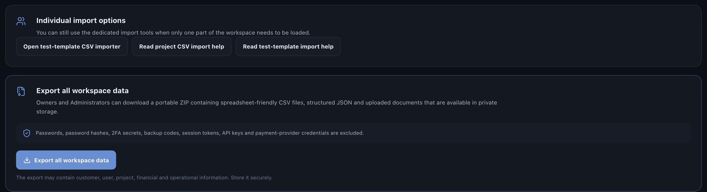 Valtoroq Export all workspace data section with security notice