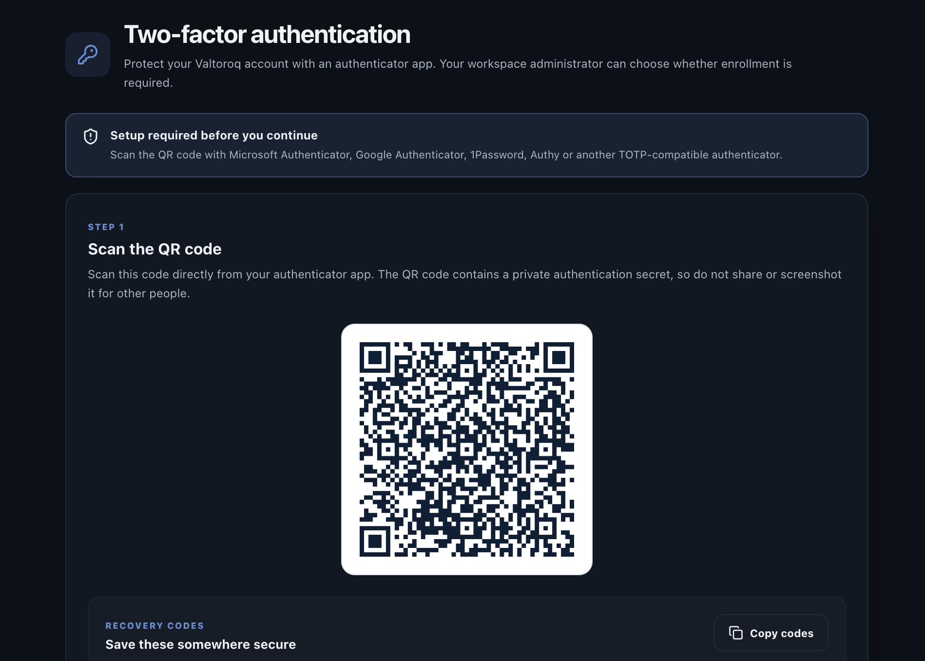 Valtoroq two-factor authentication QR code setup