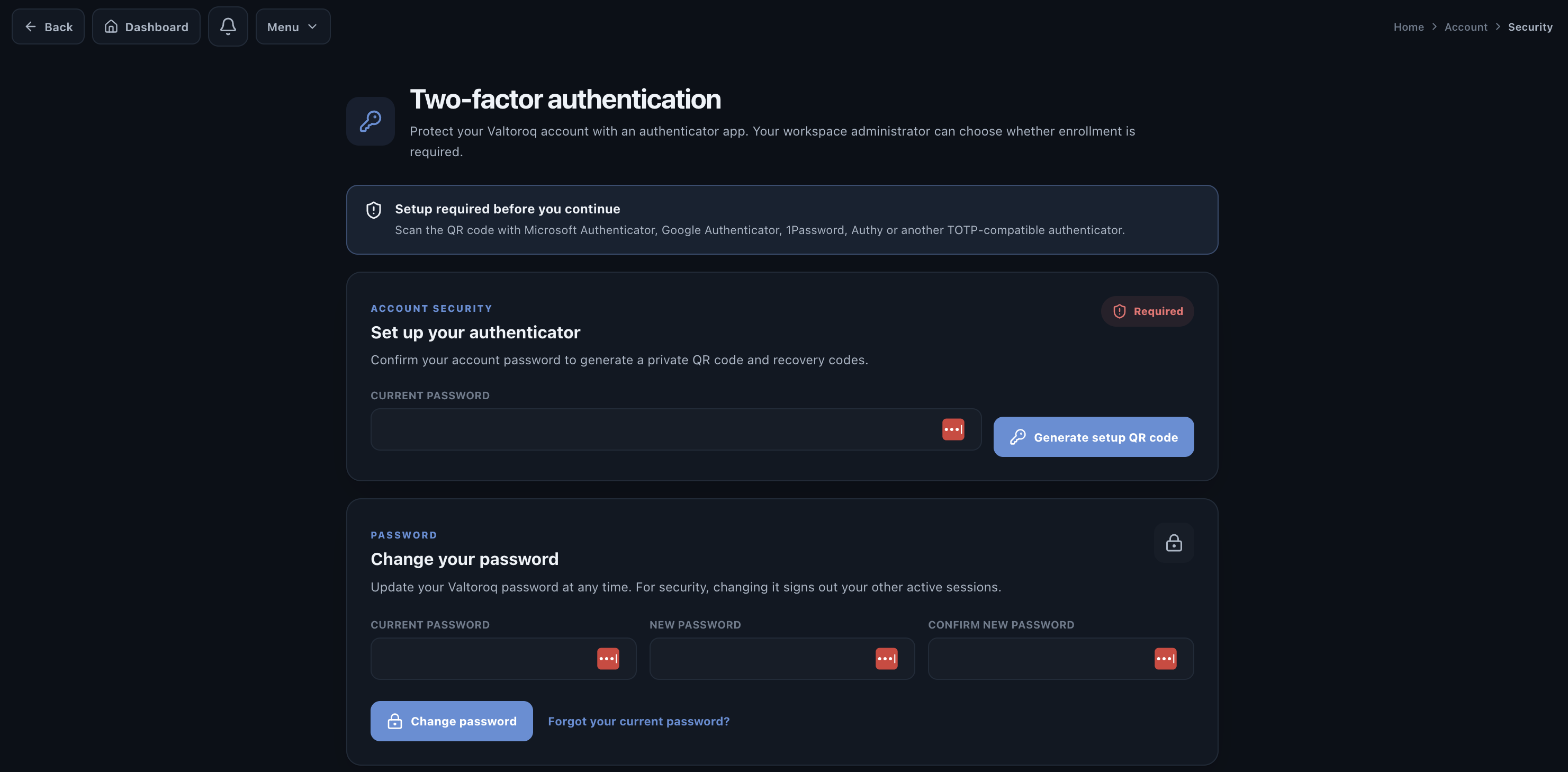 Valtoroq account security page