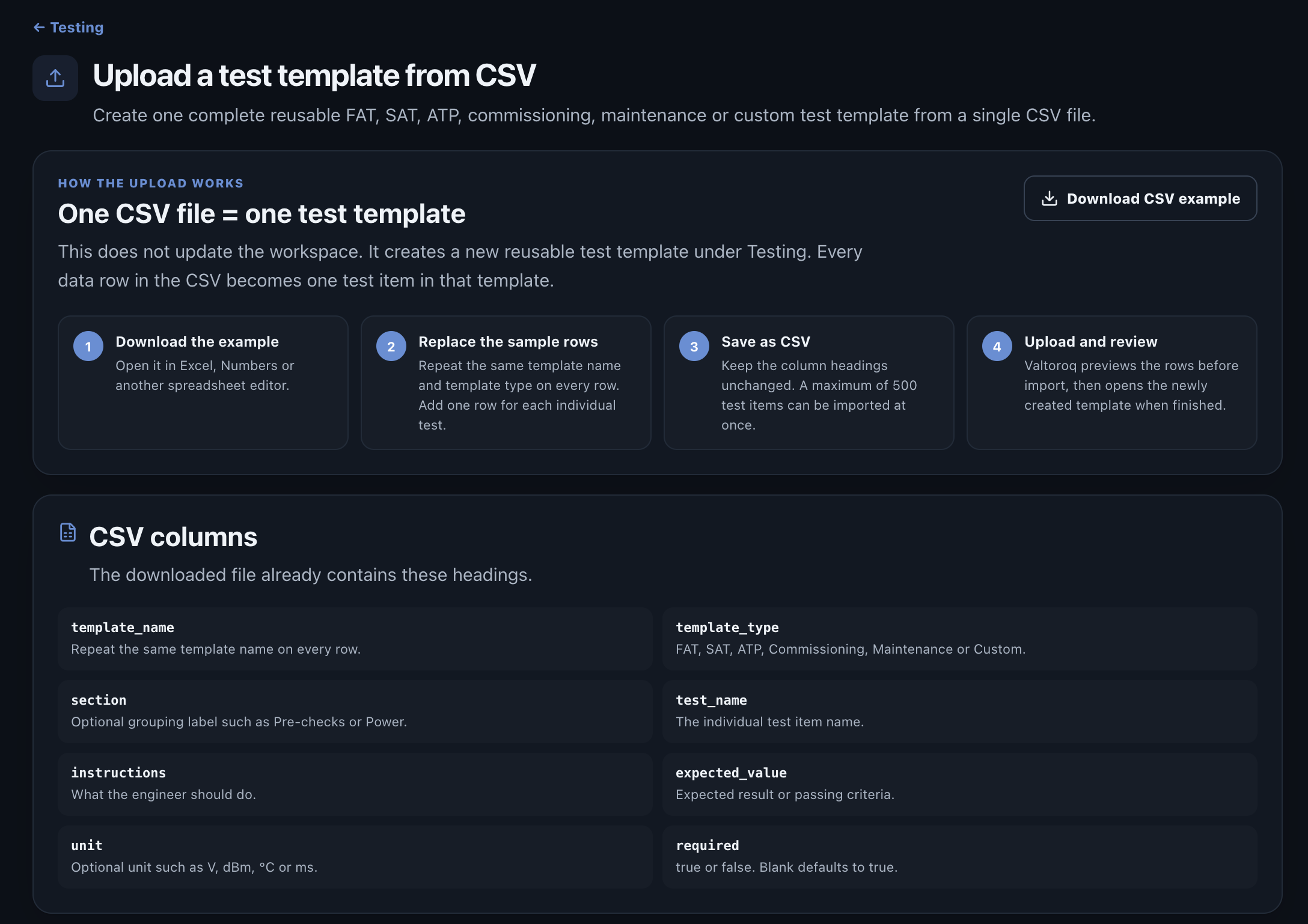 CSV test template import page with the upload workflow
