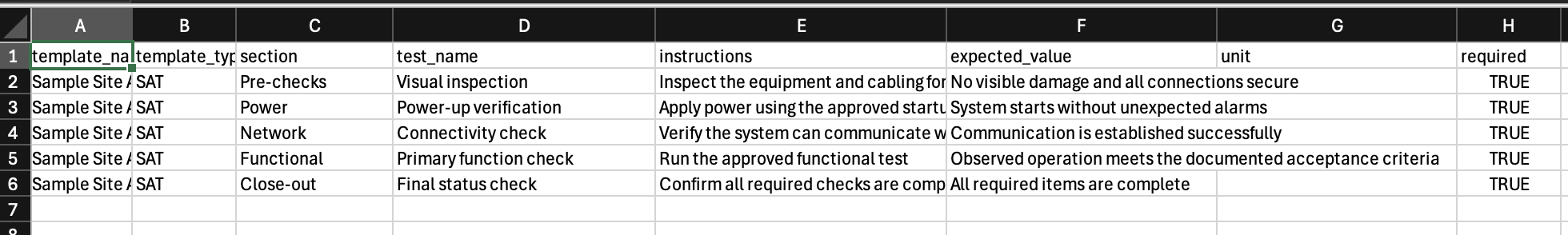 Example CSV test template opened in a spreadsheet