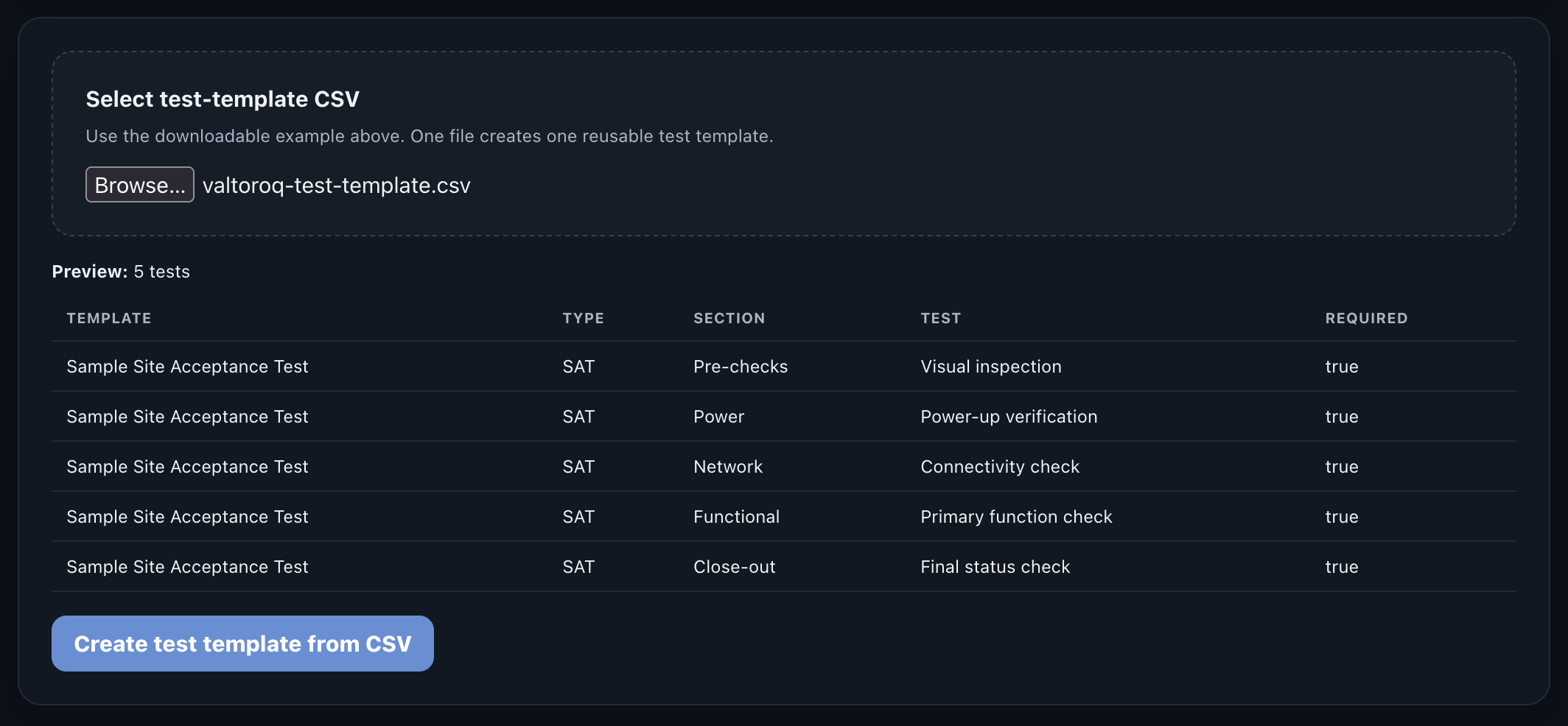 CSV upload preview showing test template rows before import