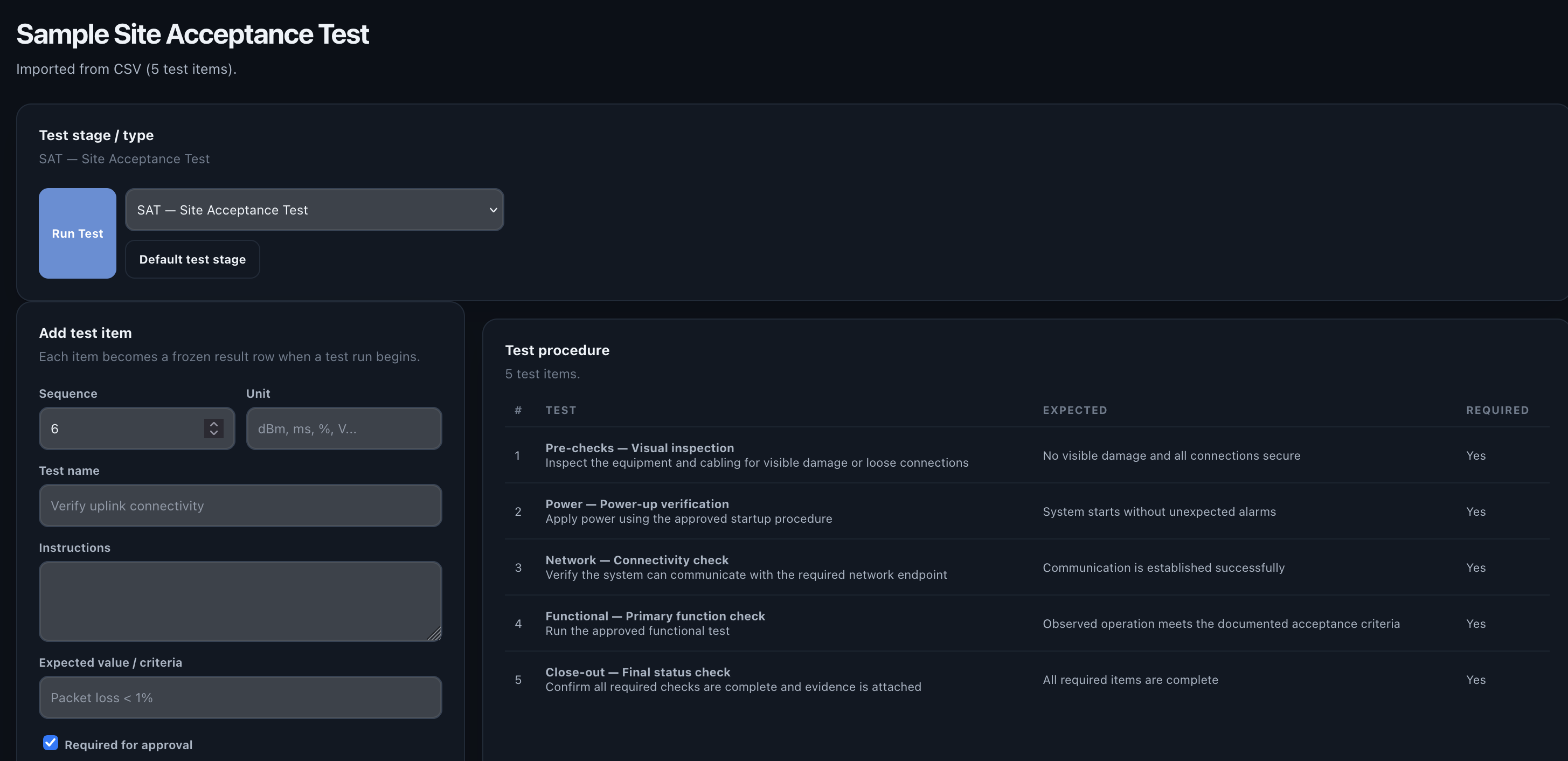 Finished reusable test template created from a CSV file