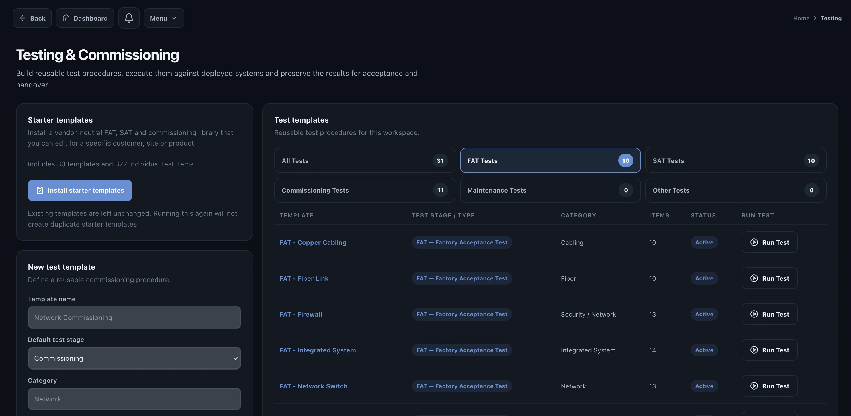 Valtoroq testing and commissioning screen