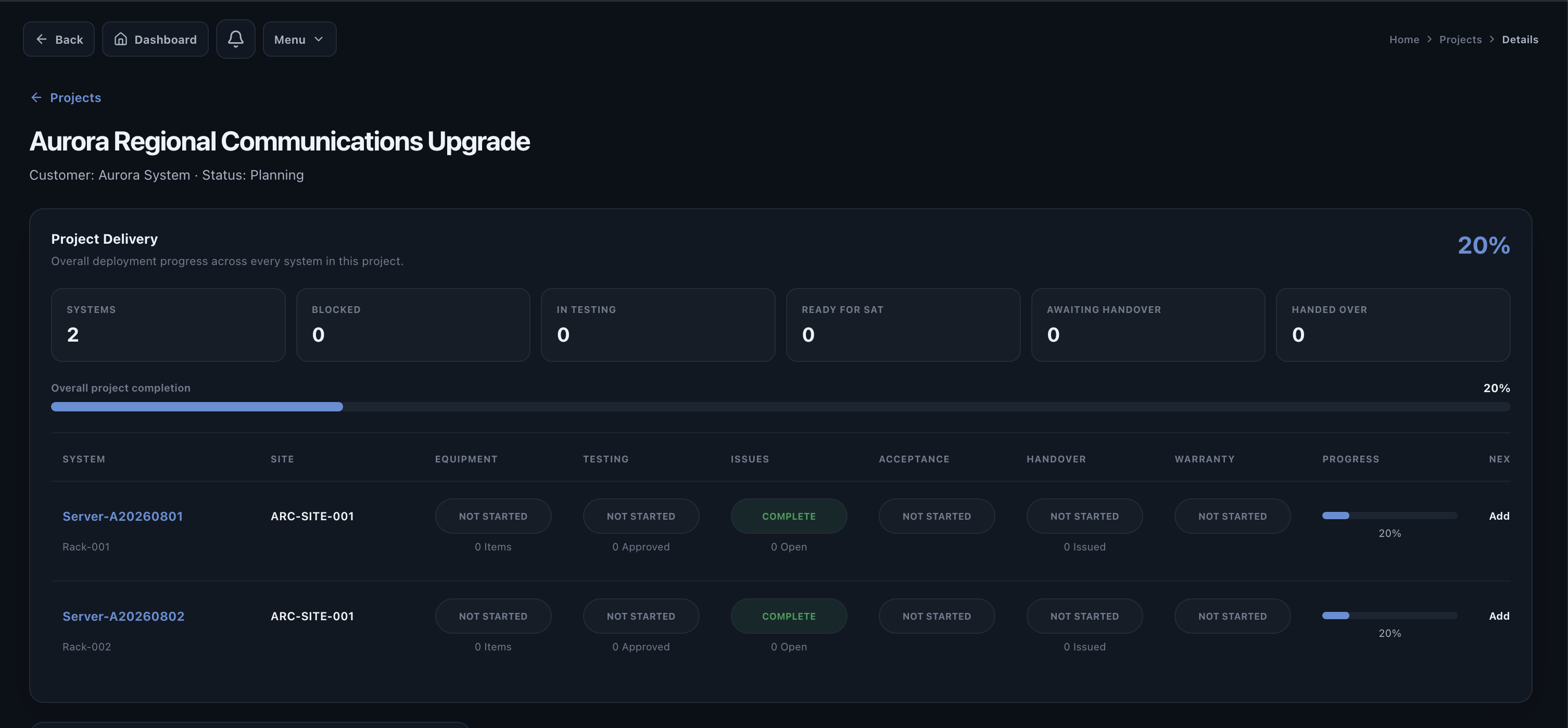 Valtoroq project detail with project status sites and systems