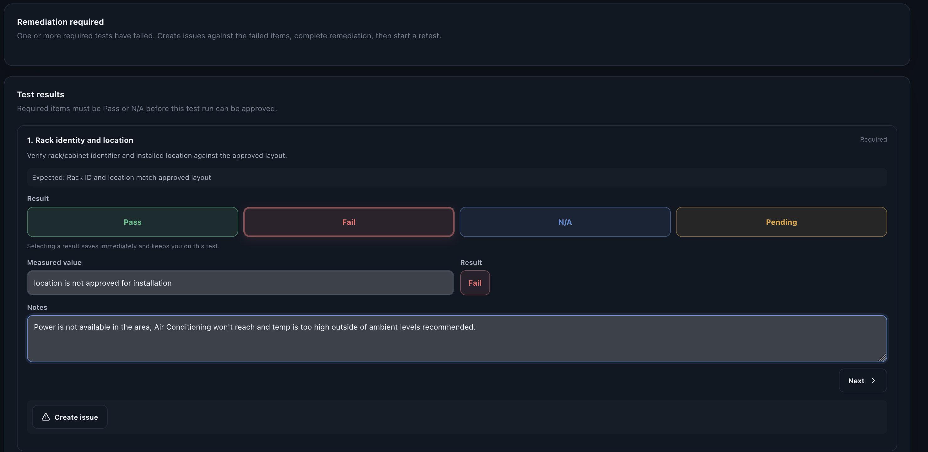 Valtoroq issue remediation page connected to a failed test