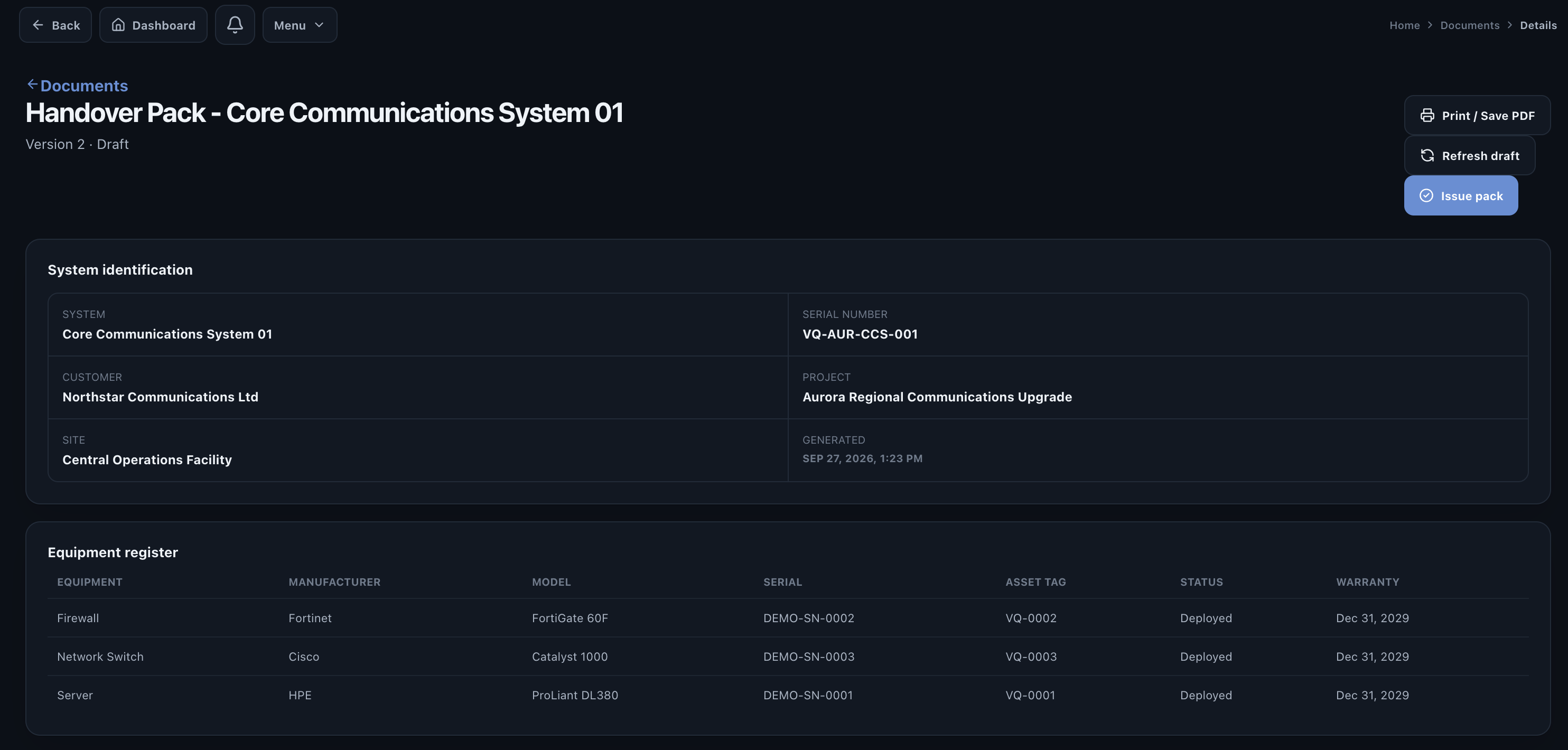 Valtoroq handover package containing deployment records